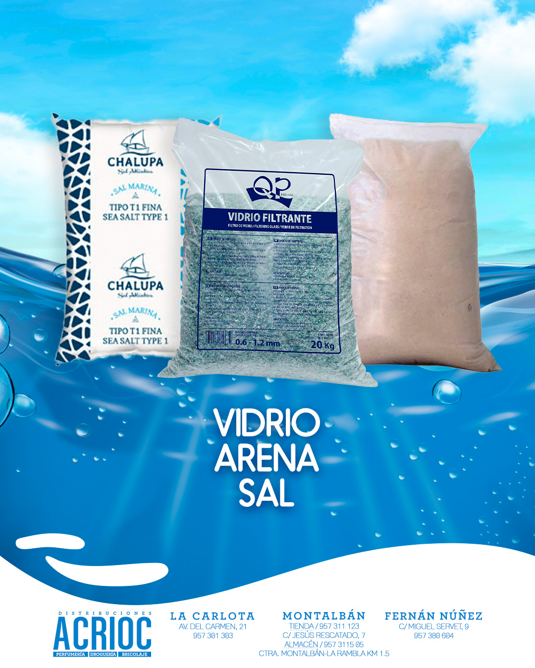 Vidrio, arena y sal para piscinas