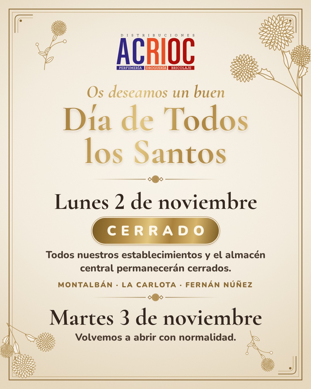 Aviso: cierre por festivo el lunes 2 de noviembre