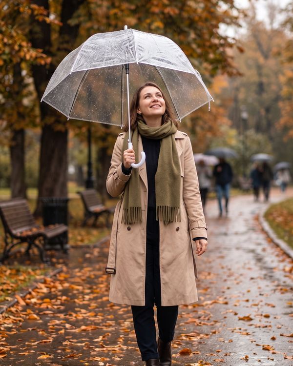 Mujer sonriente con paraguas transparente en un parque en otoño