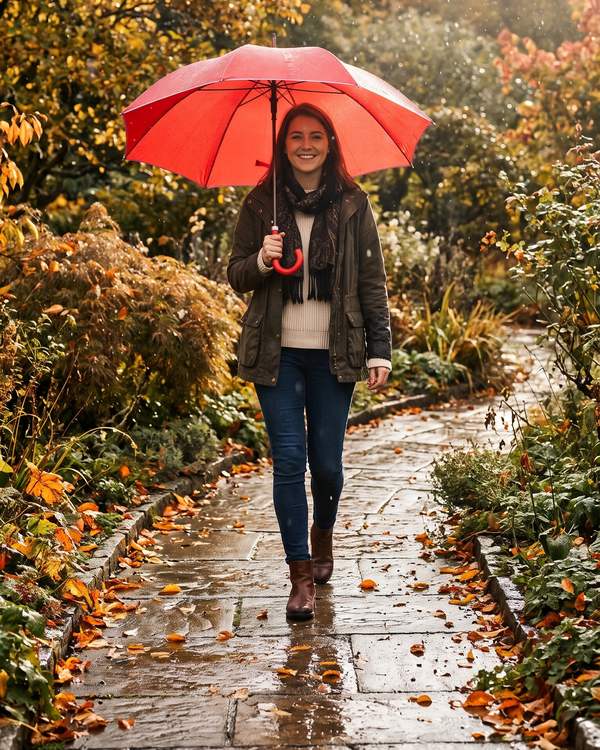 Mujer con paraguas rojo en un jardín